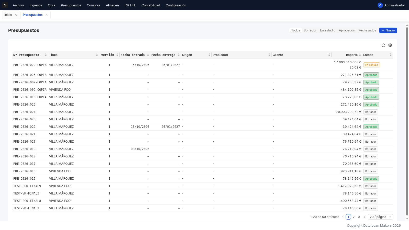 Lista de presupuestos con su toolbar de creación e importación